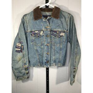 Vintage Guess Retro Patched Denim Corduroy collar Jacket Women's Size Small Blue